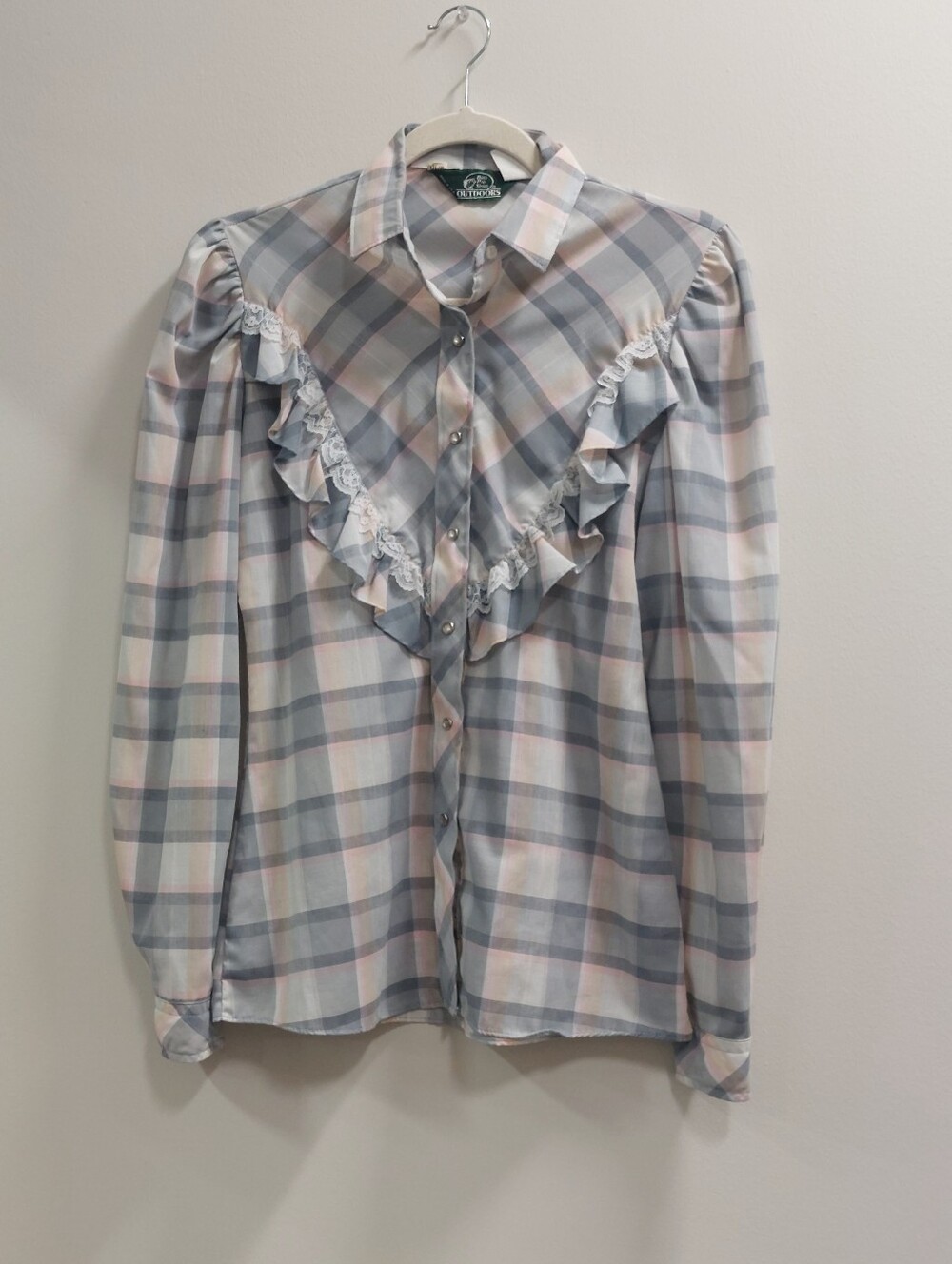 Plaid Ruffle Button-Down Top in Pastel Blue and Pink Vintage Basspro Western